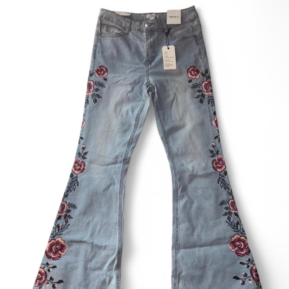 Forever 21 Blue Flare Jeans with Floral Pattern